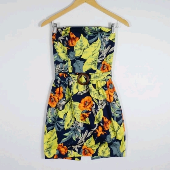 French Connection Dresses & Skirts - French Connection Yellow & Green Floral Leaf Print Mini Strapless Dress Size 12